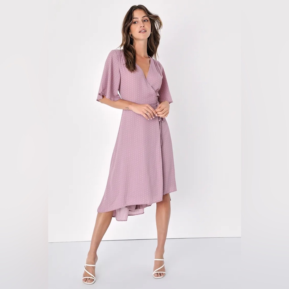 Lulu’s Farah Mauve Print Midi Wrap Dress